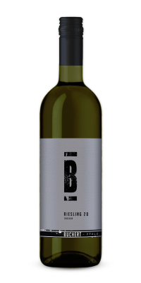 Riesling 20 trocken vom Weingut Buchert mit dem charakterstarken Logo.